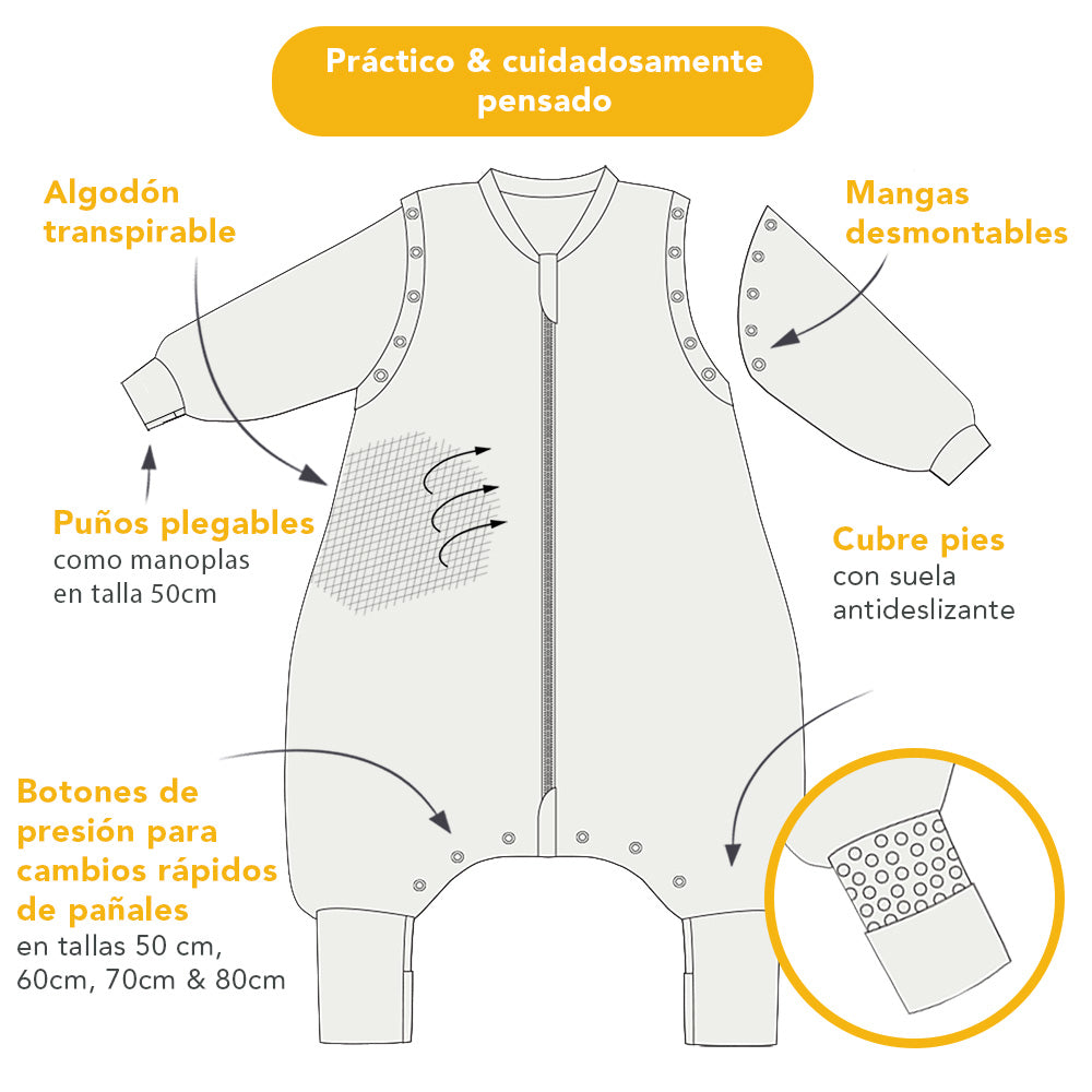Saco de dormir con pies y suelas antideslizantes y mangas, 1.0 TOG