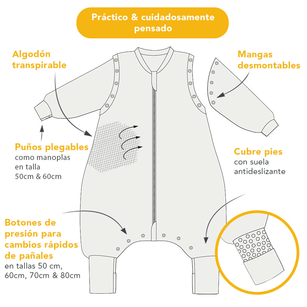 Saco de dormir con pies y suelas antideslizantes y mangas, 1.0 TOG