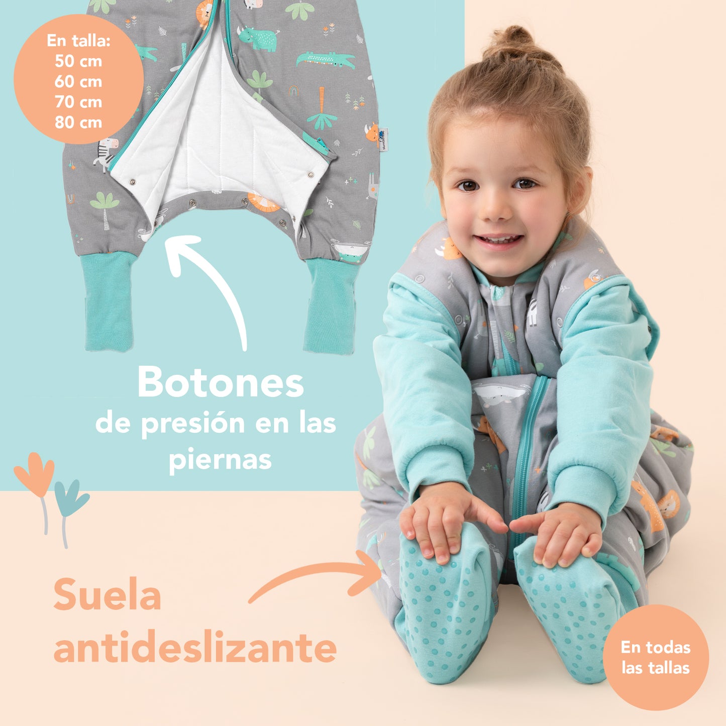 Saco de dormir con pies y suelas antideslizantes y mangas, 1.0 TOG
