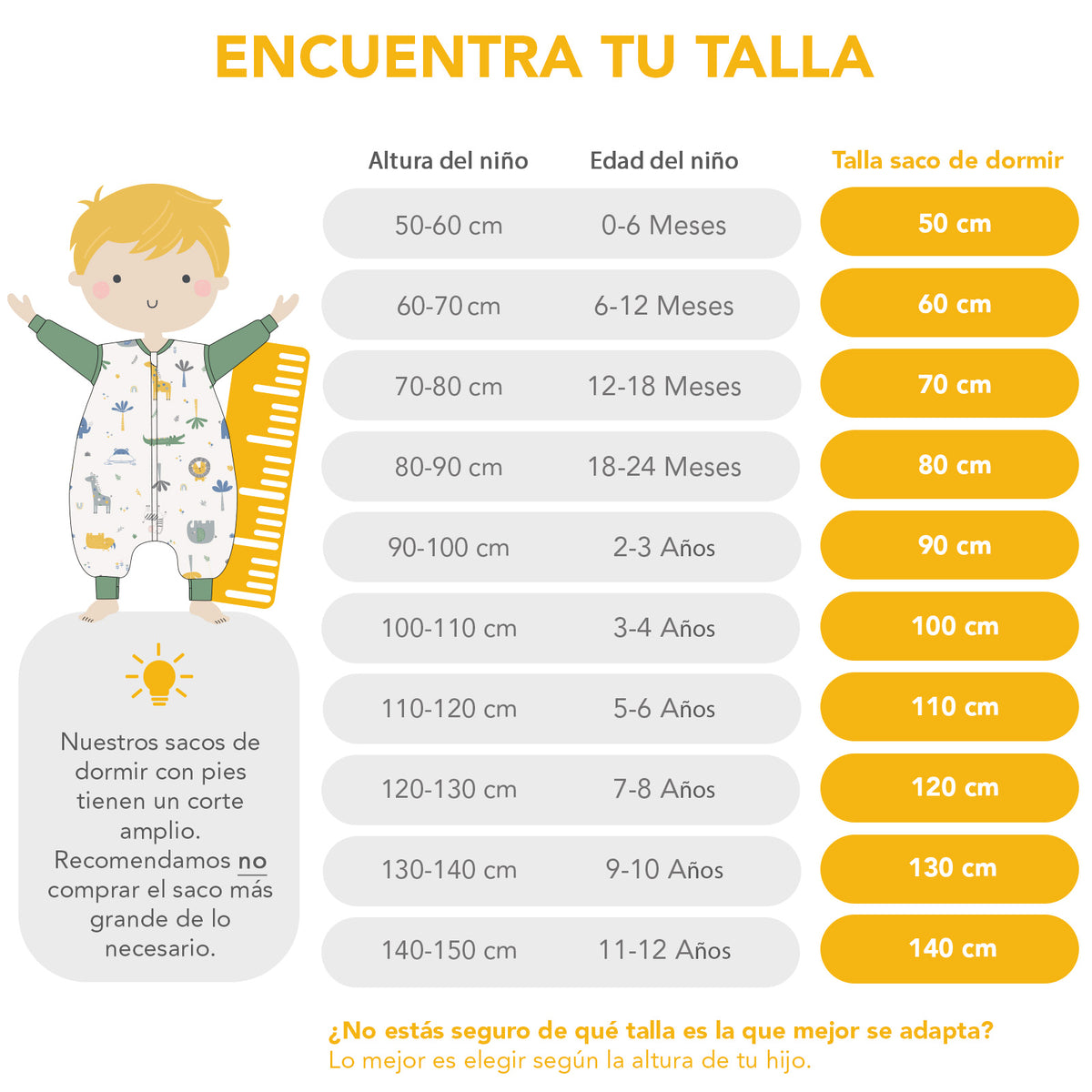 Saco de dormir con pies y suelas antideslizantes 3.5 TOG_tabla de tallas_1209