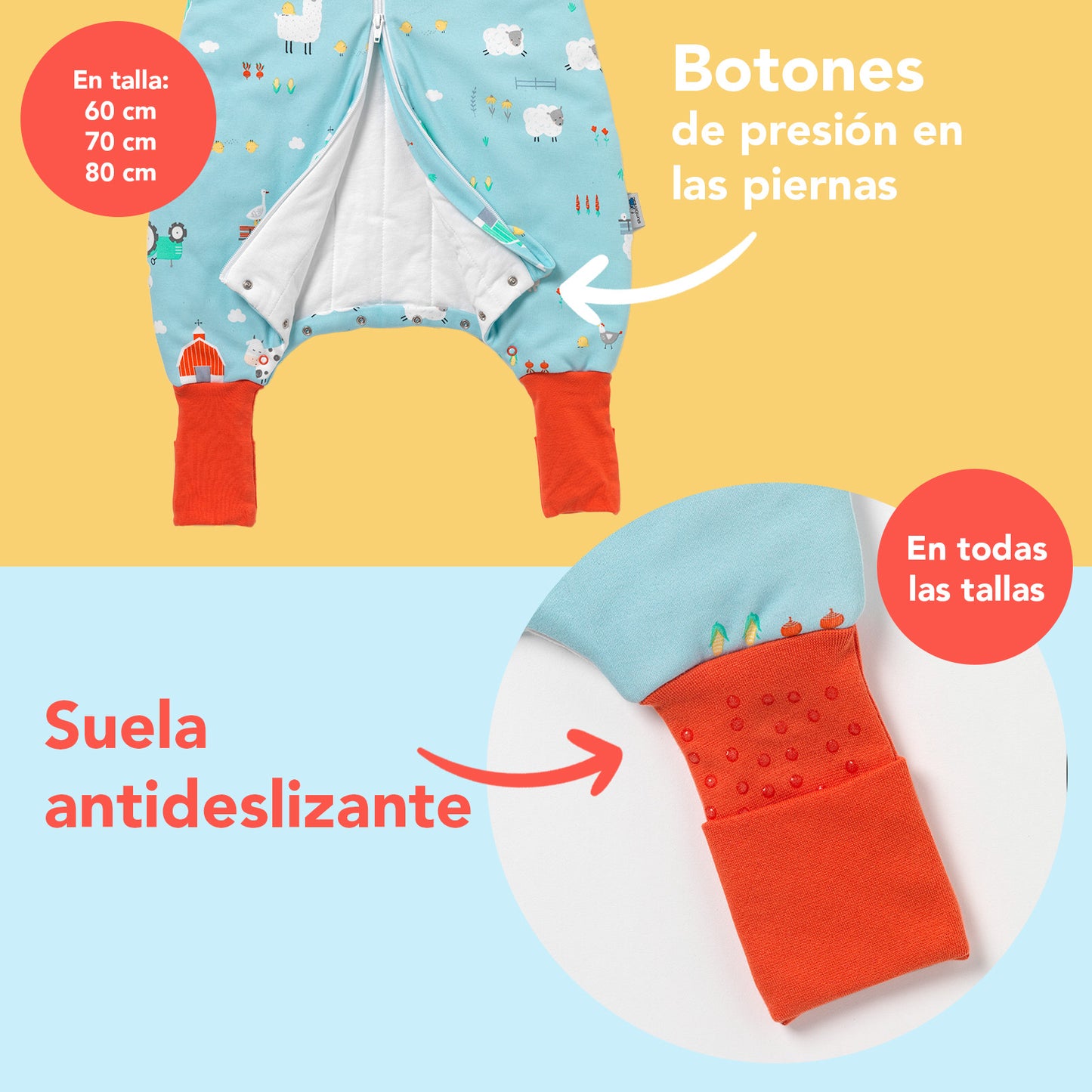 Saco de dormir con pies y suelas antideslizantes de algódon orgánico, 1.0 TOG