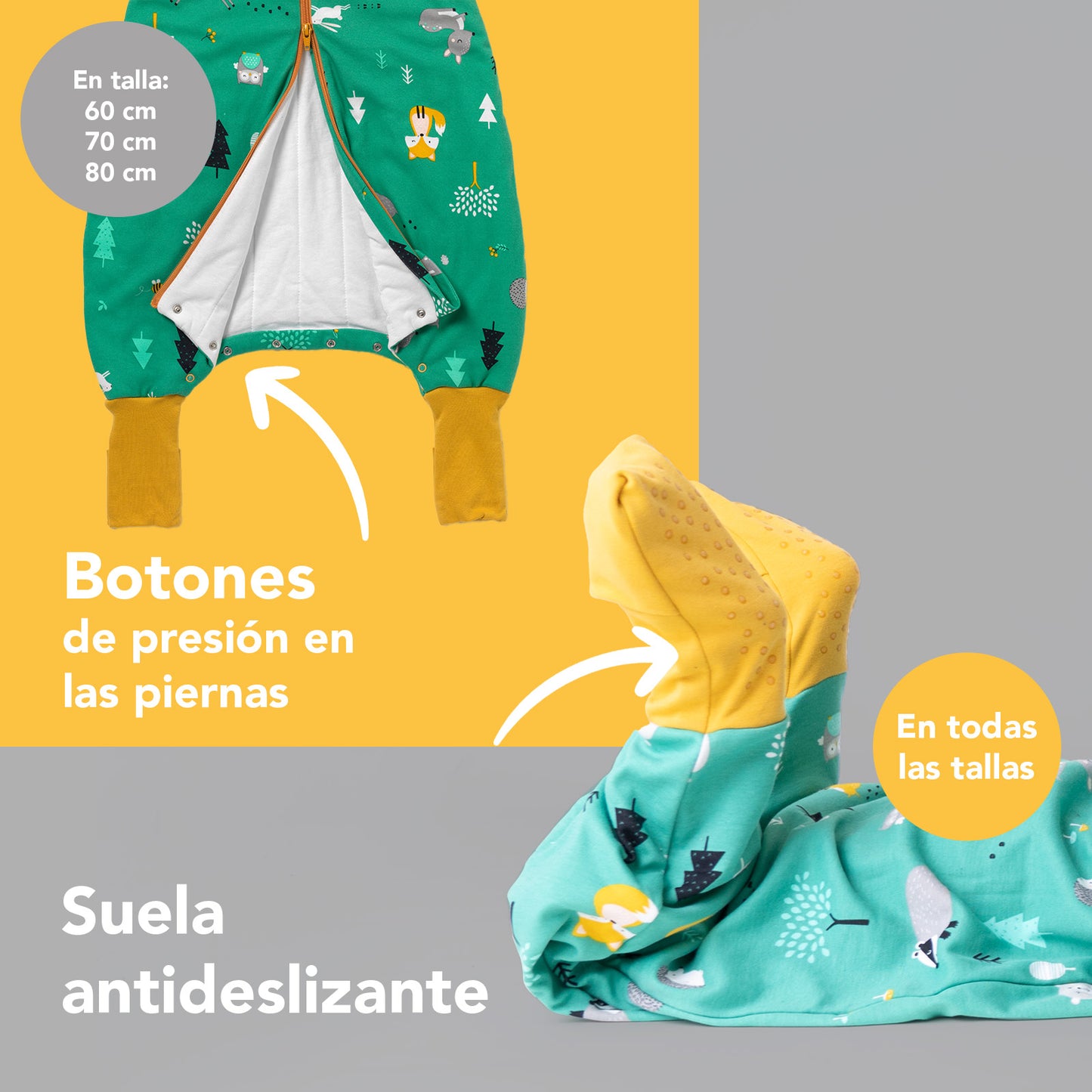 Saco de dormir con pies y suelas antideslizantes de algódon orgánico, 1.0 TOG