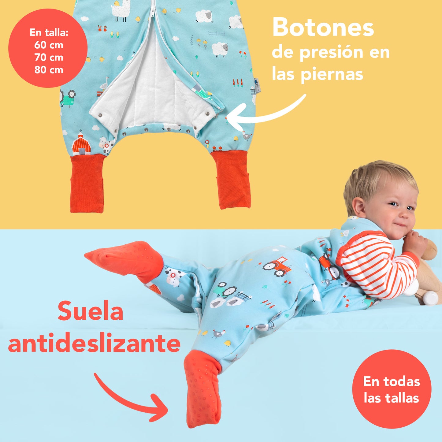 Saco de dormir con pies y suelas antideslizantes, de algódon orgánico 2.5 TOG