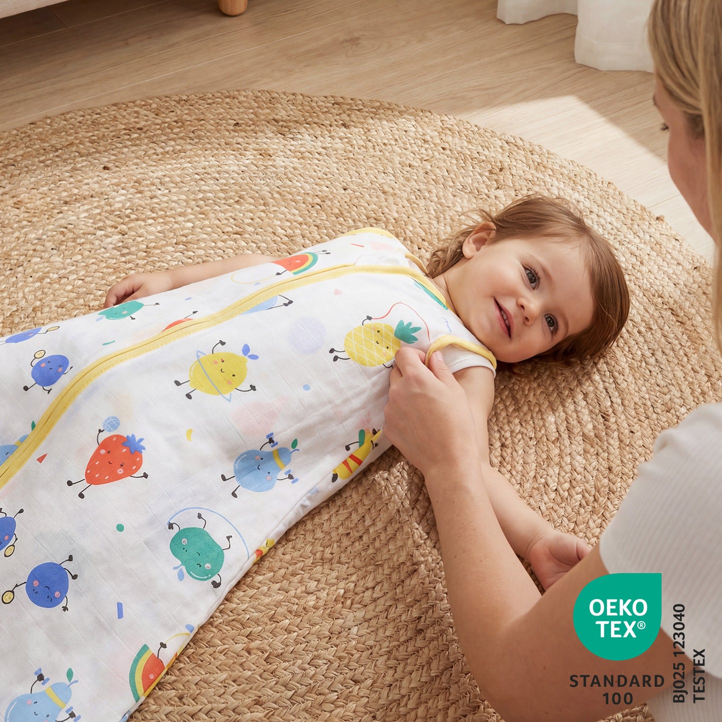 Saco de dormir para bebé de muselina 0.5 TOG_Frutas en Forma_OEKOTEX_415