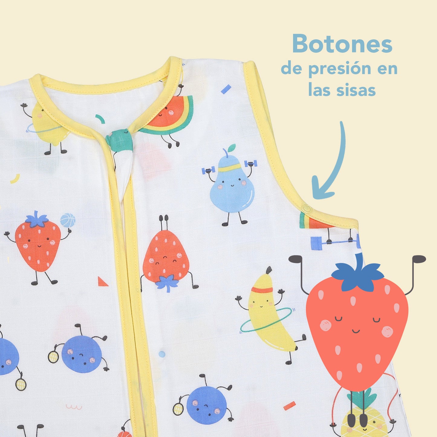 Saco de dormir para bebé de muselina 0.5 TOG_Frutas en Forma_zona del brazo_415