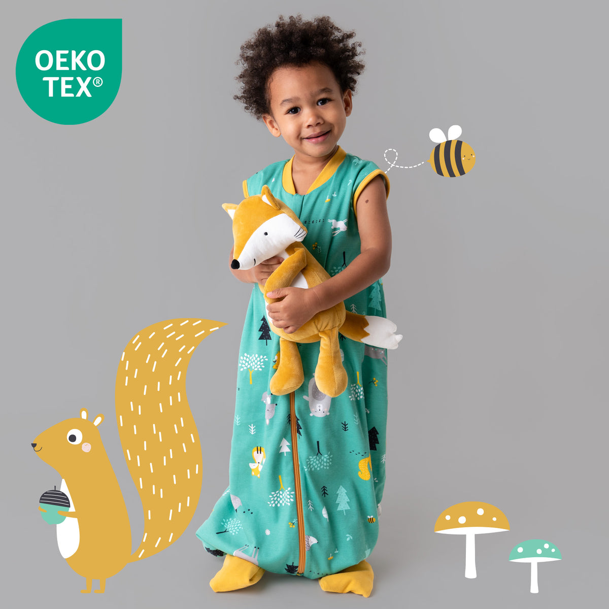 Saco de dormir con pies y suelas antideslizantes de algódon orgánico 1.0 TOG_Animales del bosque_OEKOTEX_419