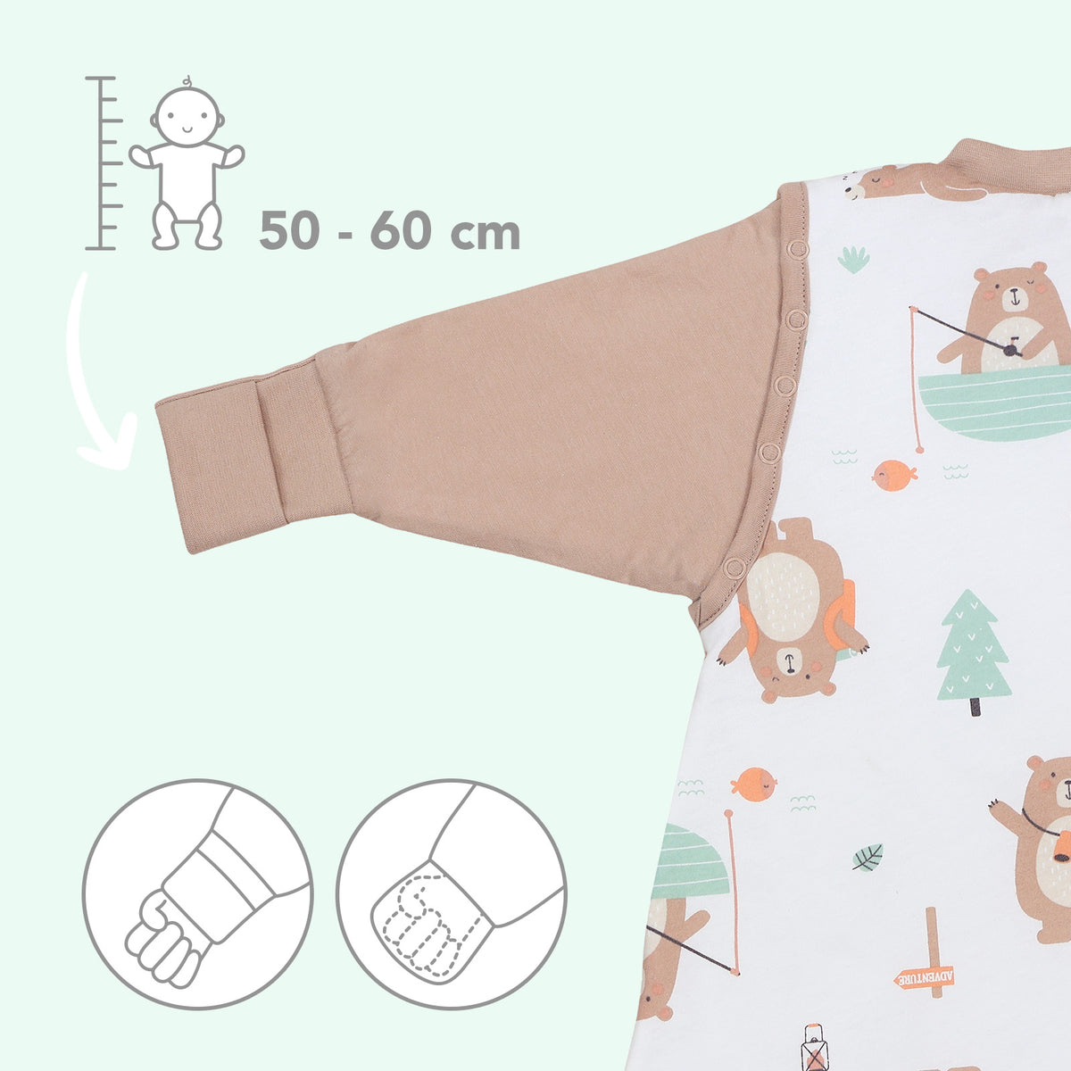 Saco de dormir con pies y suelas antideslizantes 2.5 TOG_Oso Explorador_puños_461