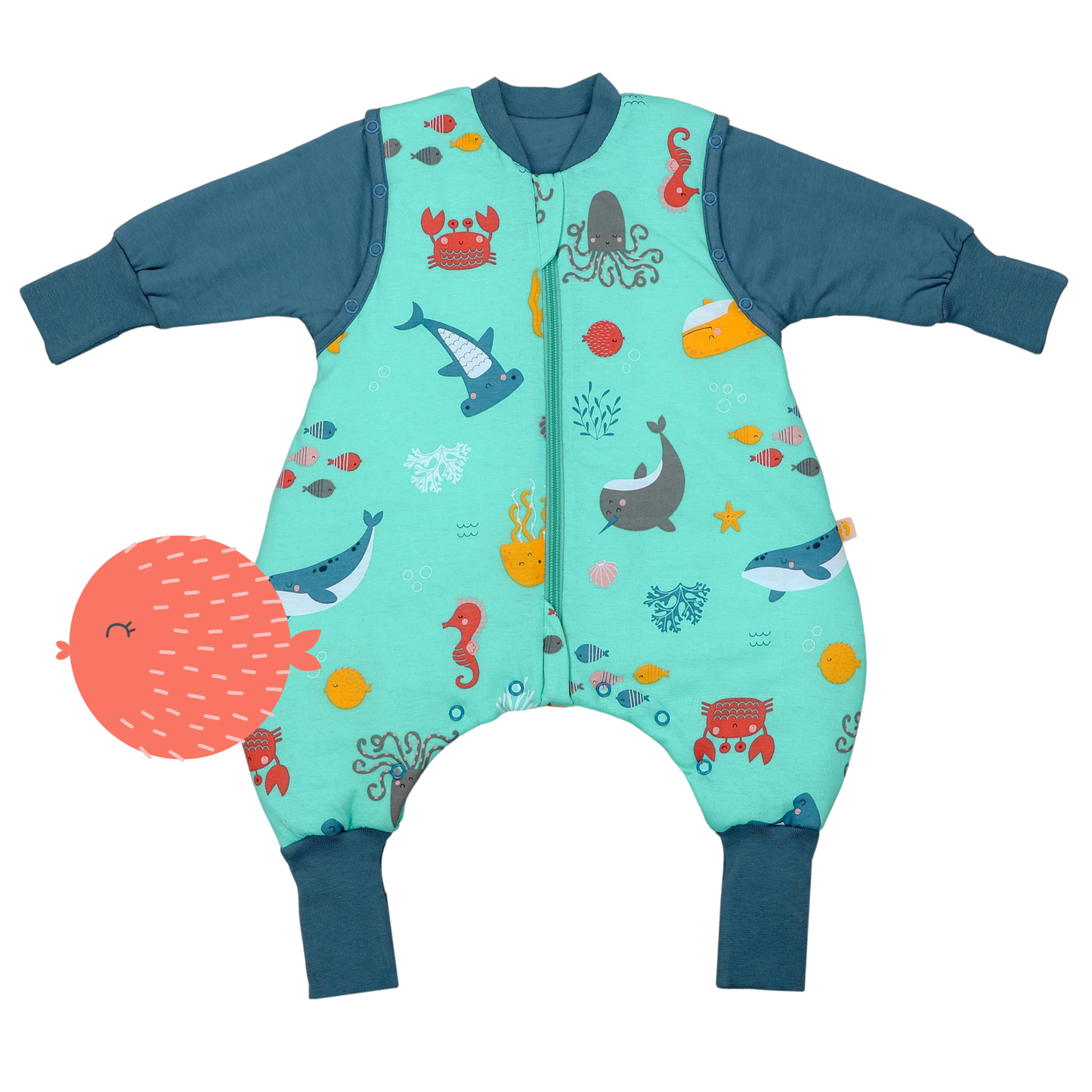 Saco de dormir con pies y suelas antideslizantes 2.5 TOG_Animales marinos_parte frontal_461