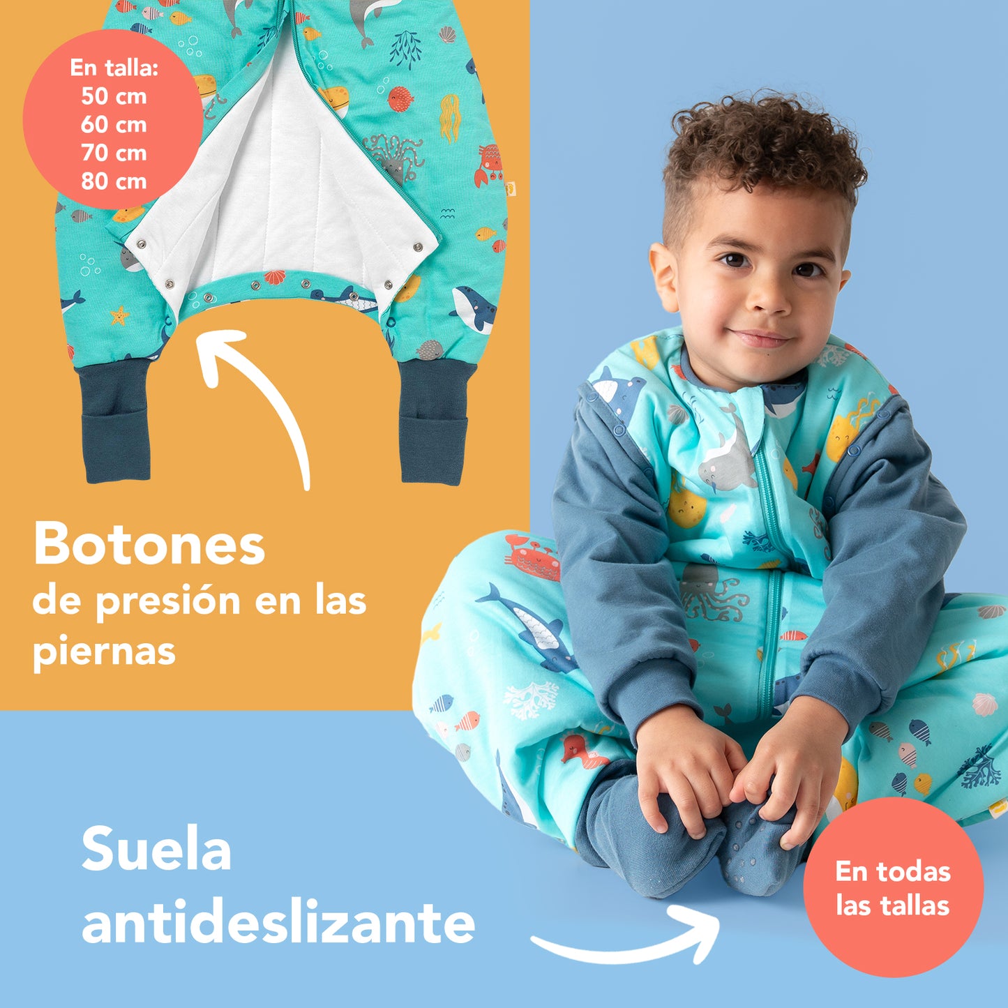 Saco de dormir con pies y suelas antideslizantes 2.5 TOG_Animales marinos_zona del pie_461