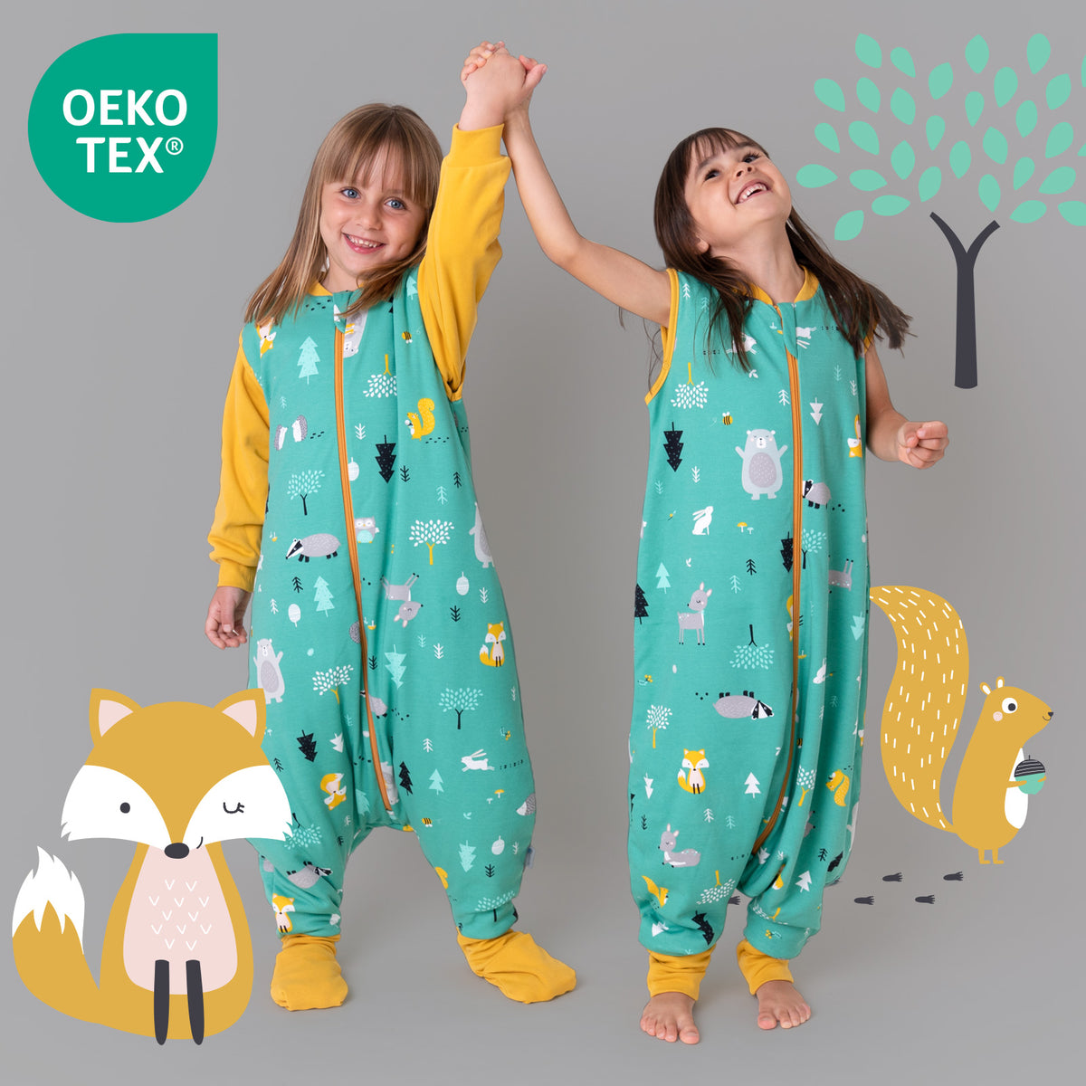 Saco de dormir con pies y suelas antideslizantes de algódon orgánico 2.5 TOG_Animales del bosque_OEKOTEX_462