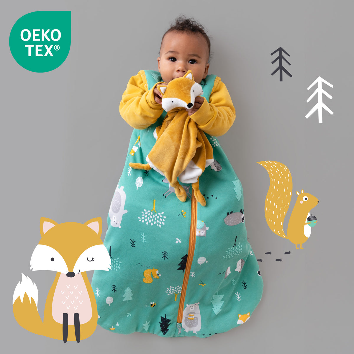 Saco de dormir para bebé de algódon orgánico 2.5 TOG_Animales del bosque_OEKOTEX_466