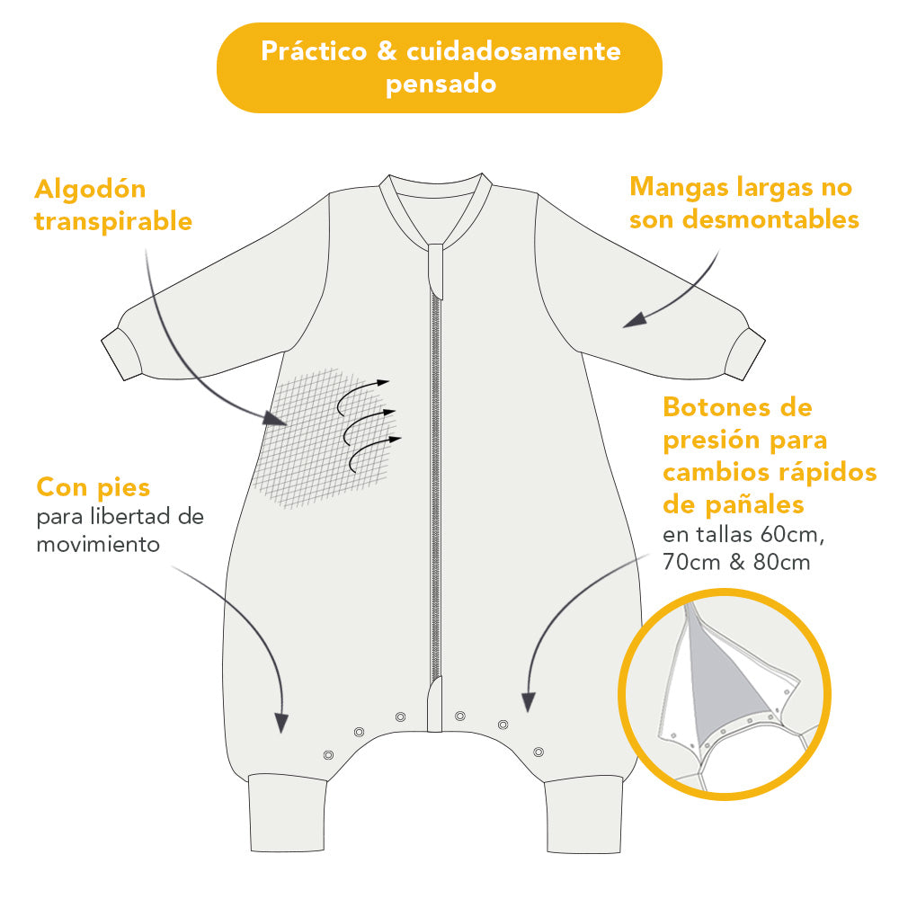 Saco de dormir con pies y suelas antideslizantes de algódon orgánico, 3.5 TOG