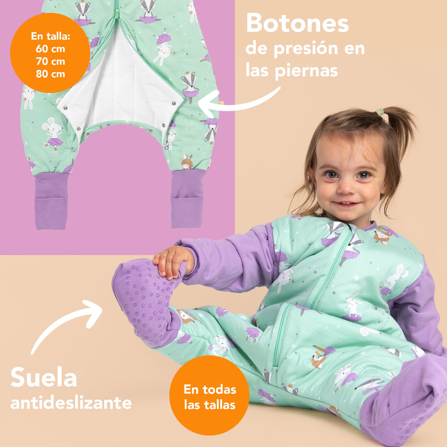 Saco de dormir con pies y suelas antideslizantes y mangas, 1.0 TOG