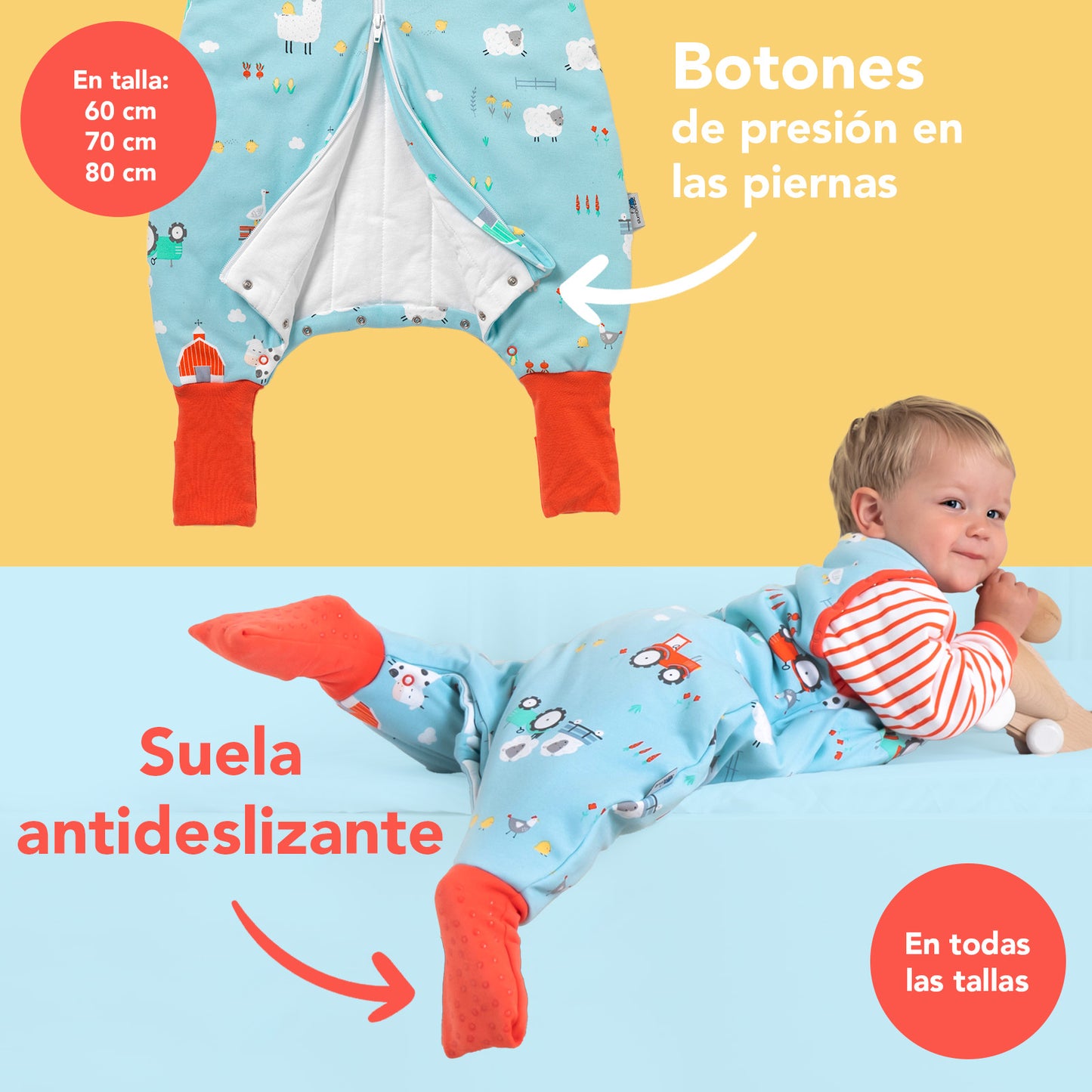 Saco de dormir con pies y suelas antideslizantes de algódon orgánico, 3.5 TOG